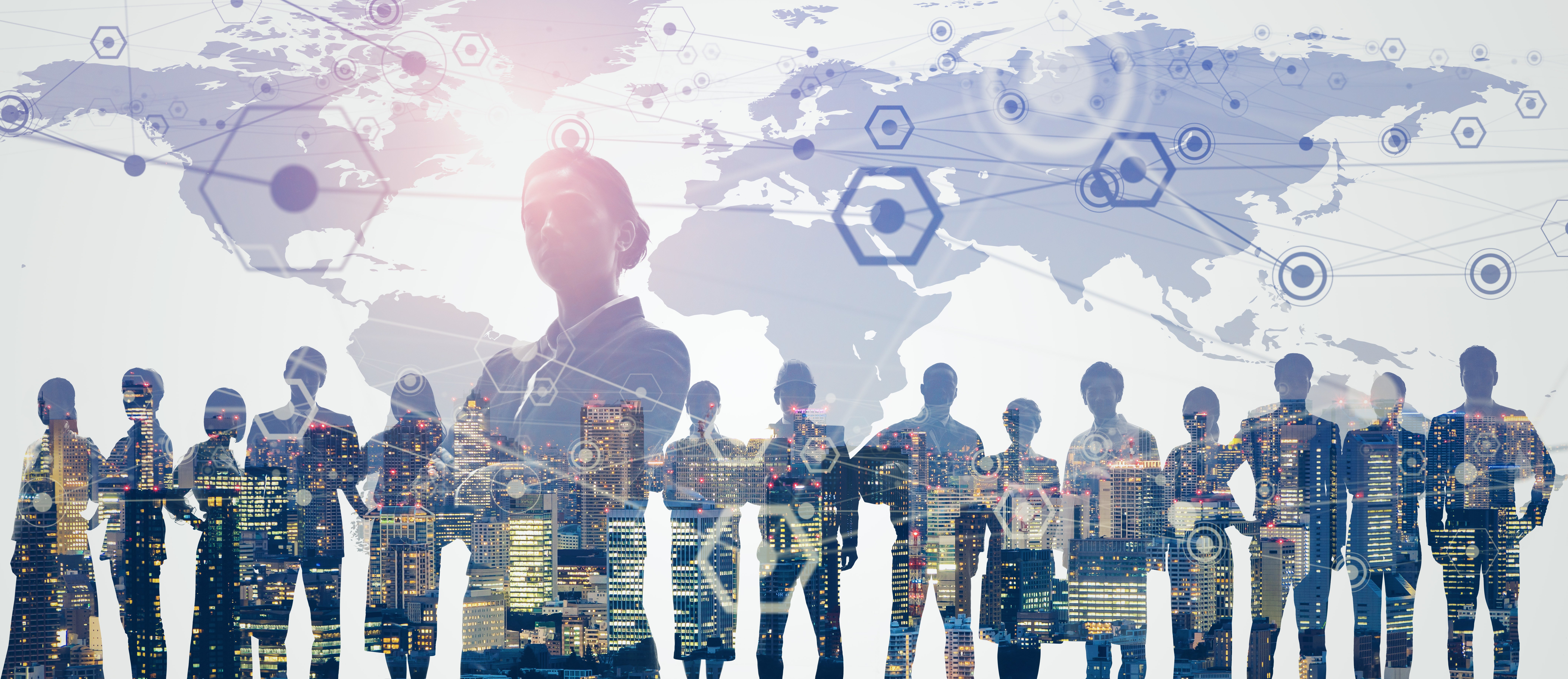 A group of business people standing in a row, overlaid with a cityscape, world map, and digital network icons, symbolizing global business and connectivity.