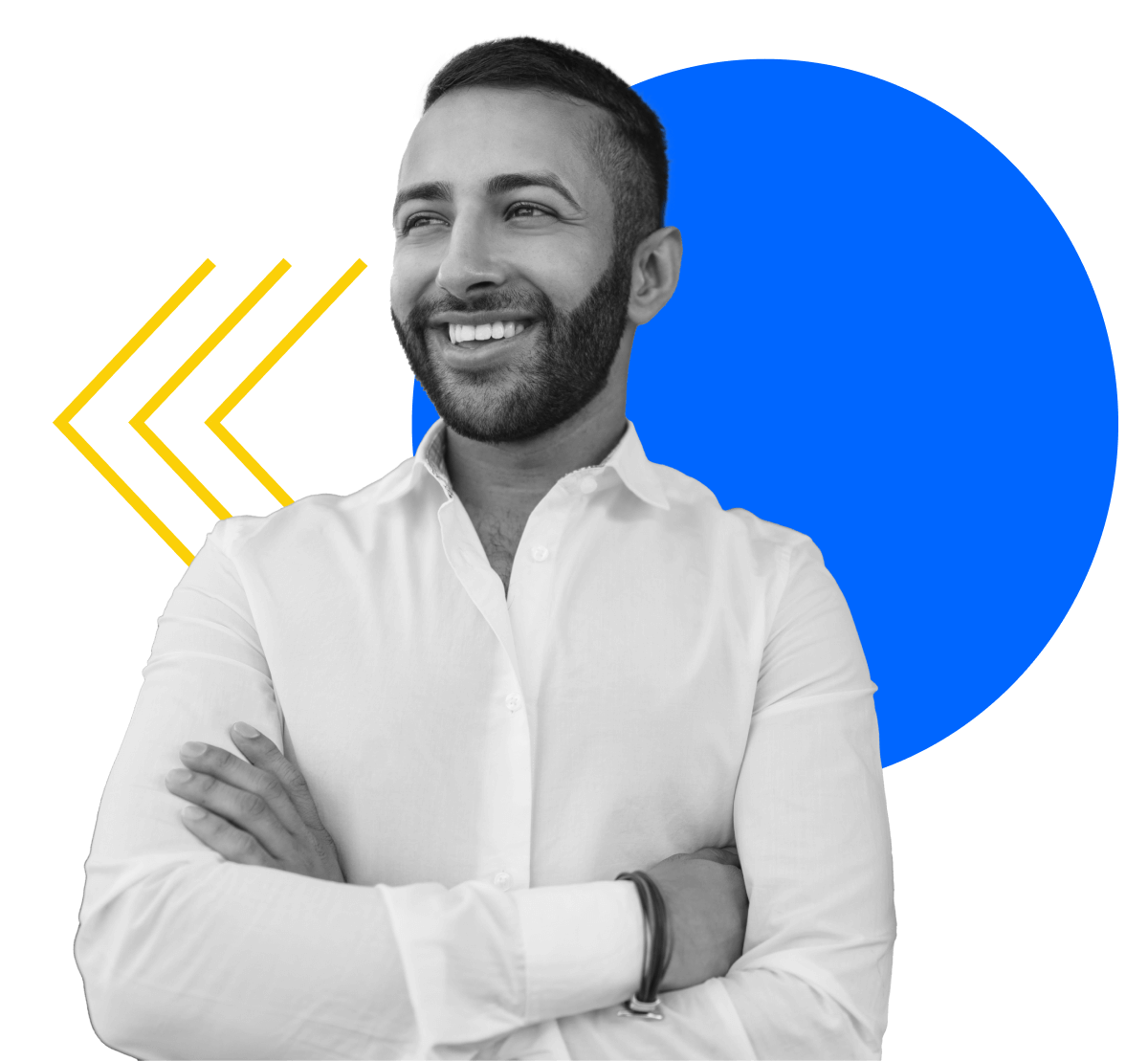 A smiling man with a beard stands with arms crossed, wearing a white shirt. The background features a large blue circle and two yellow chevrons. The image is partially black and white with colorful graphic elements.