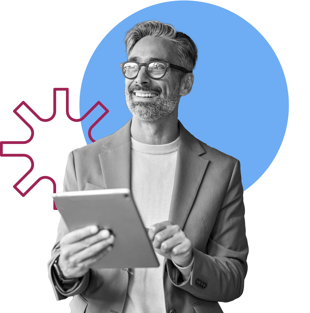 A smiling man with glasses and a beard holds a tablet. He wears a suit jacket over a sweater. A blue circle and a pink abstract shape are in the background. The image is mostly black and white, except for the shapes.