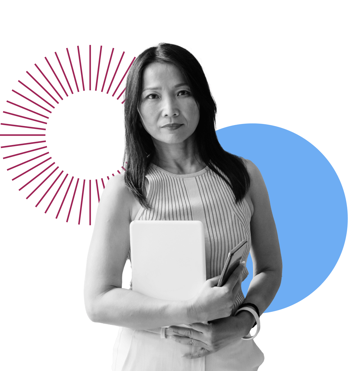 A woman with long dark hair stands holding a closed laptop and a smartphone. She wears a sleeveless top and looks forward confidently. Abstract blue and pink graphic shapes are in the background.
